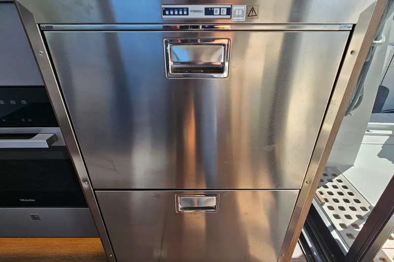  Yacht Photos Pics Stainless steel appliance on 2024 Beneteau Antares 12 yacht interior.