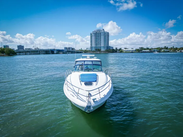  Yacht Photos Pics 2007 Sea Ray 38 Sundancer yacht on calm water with cityscape background.