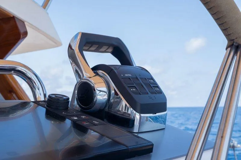  Yacht Photos Pics Control panel of 2023 Hallberg-Rassy 50 yacht with ocean view.