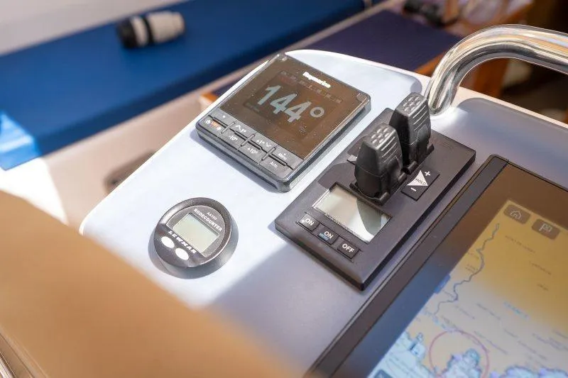 Yacht Photos Pics Control panel of 2023 Hallberg-Rassy 50 yacht with navigation instruments.