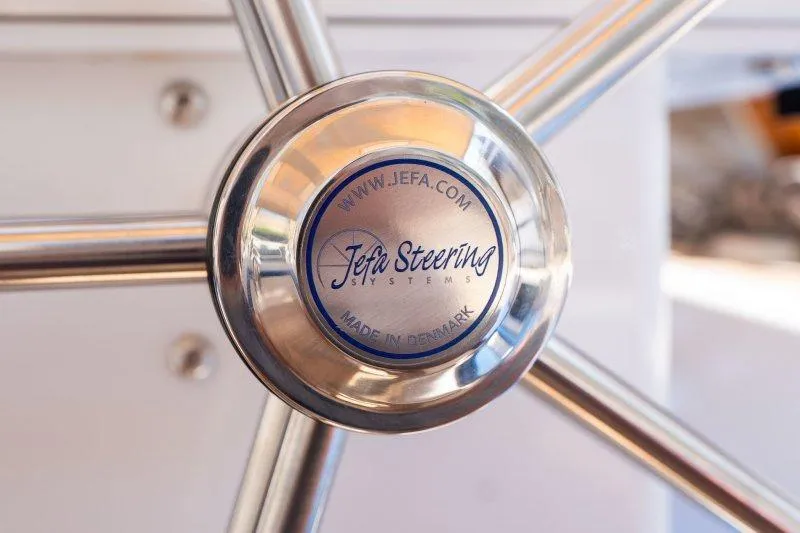  Yacht Photos Pics Jefa Steering wheel on 2023 Hallberg-Rassy 50 yacht, made in Denmark.