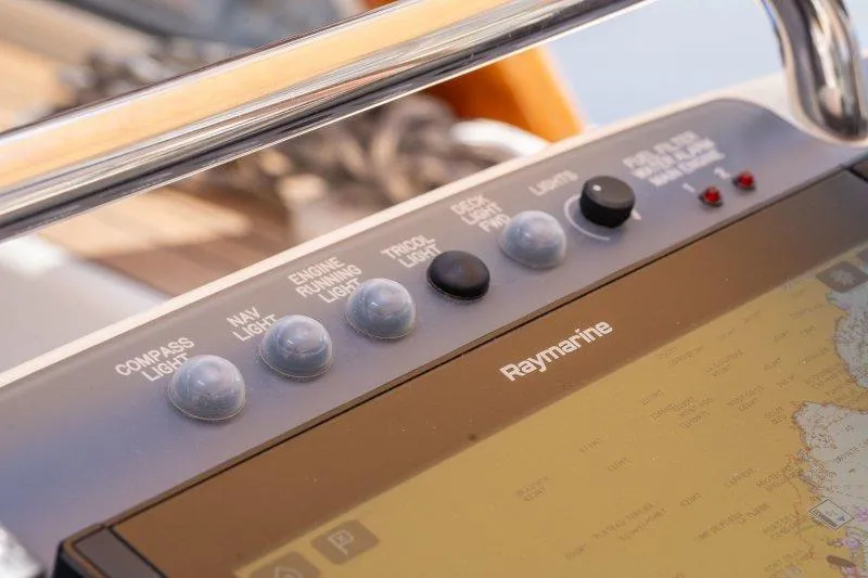  Yacht Photos Pics Control panel on 2023 Hallberg-Rassy 50 yacht with Raymarine navigation system.