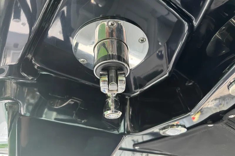  Yacht Photos Pics Close-up of a 2024 Blackfin 332 CC boat component, showcasing sleek metallic design.