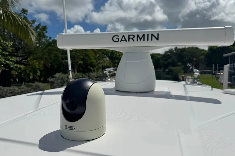  Yacht Photos Pics 2024 Blackfin 332 CC boat with Garmin radar and Sionyx camera on deck.