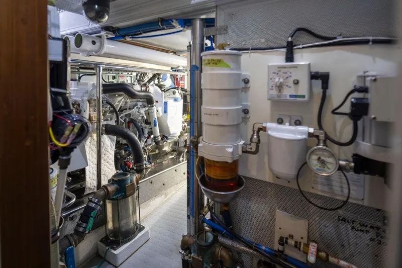 Forever Young Yacht Photos Pics Engine room of a 2009 Selene 43 yacht, showcasing machinery and equipment.