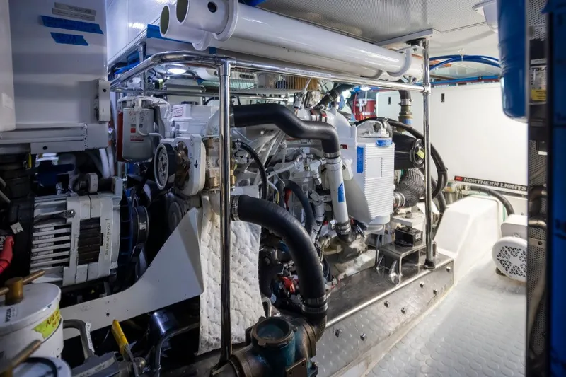 Forever Young Yacht Photos Pics Engine room of a 2009 Selene 43 yacht, showcasing mechanical components and systems.