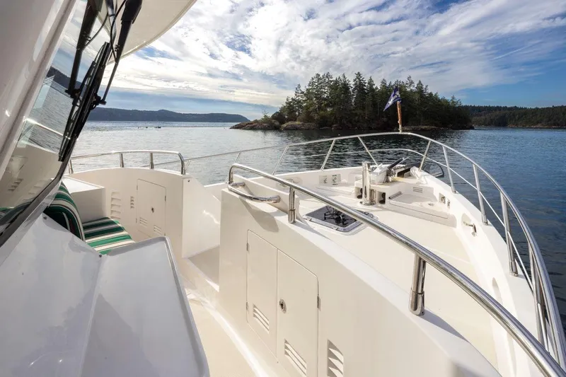 Forever Young Yacht Photos Pics 2009 Selene 43 yacht cruising near a scenic island under a partly cloudy sky.