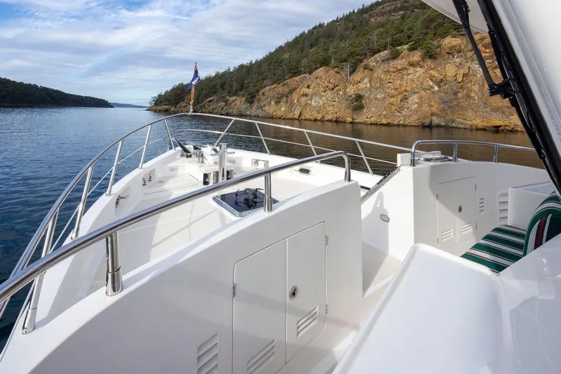 Forever Young Yacht Photos Pics 2009 Selene 43 yacht cruising near rocky coastline under blue sky.