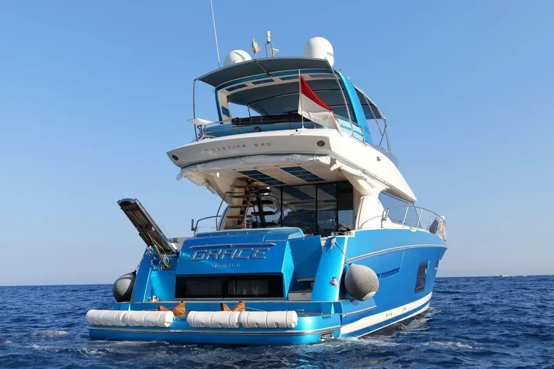 Grace Yacht Photos Pics Luxury 2013 Prestige 620 yacht on open sea, rear view with blue exterior.