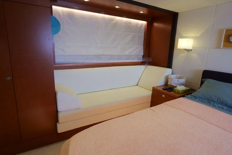 Grace Yacht Photos Pics Luxurious interior of 2013 Prestige 620 yacht with elegant seating and ambient lighting.