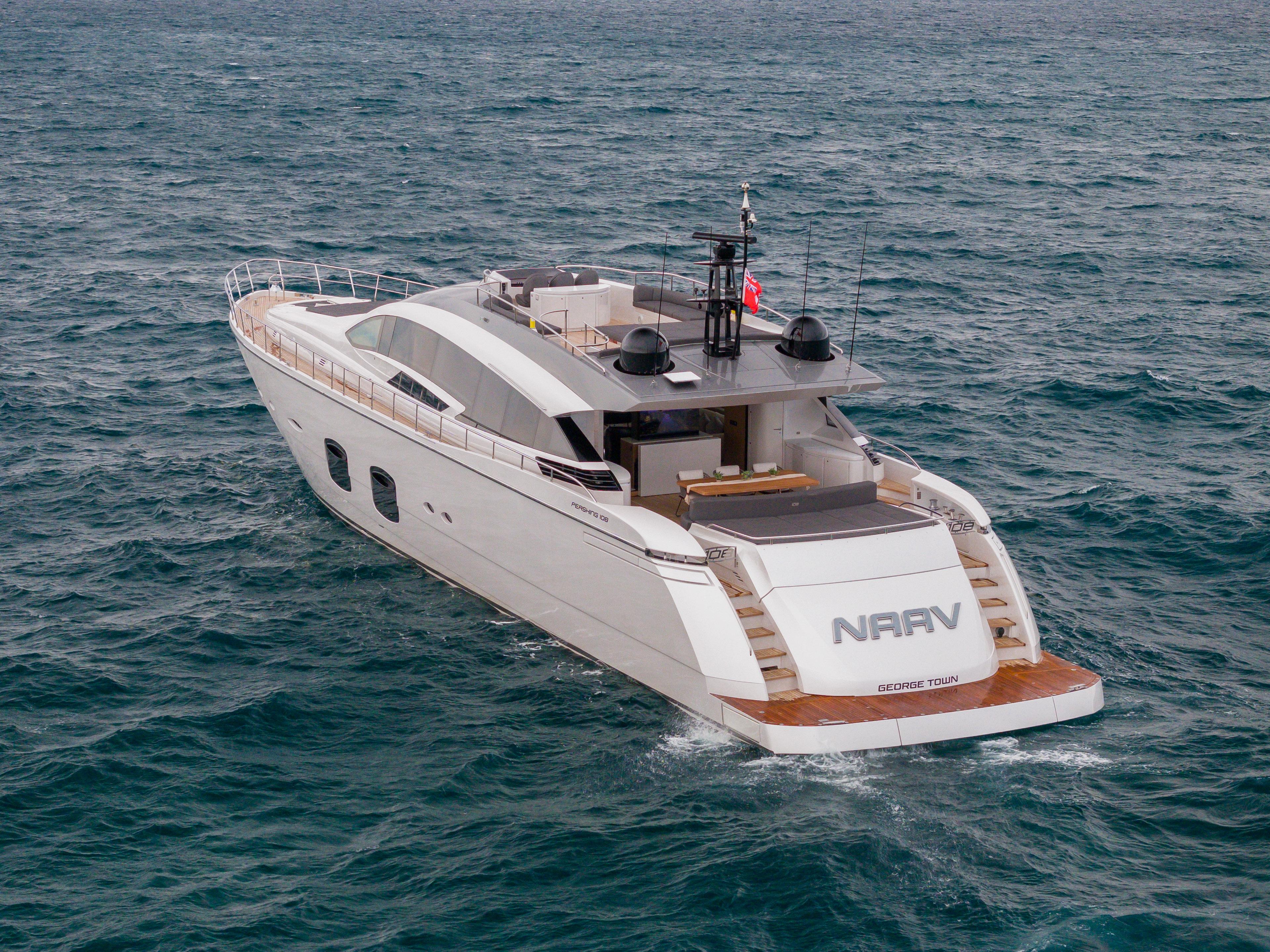 Luxury 2018 Pershing 108 yacht cruising on open sea.