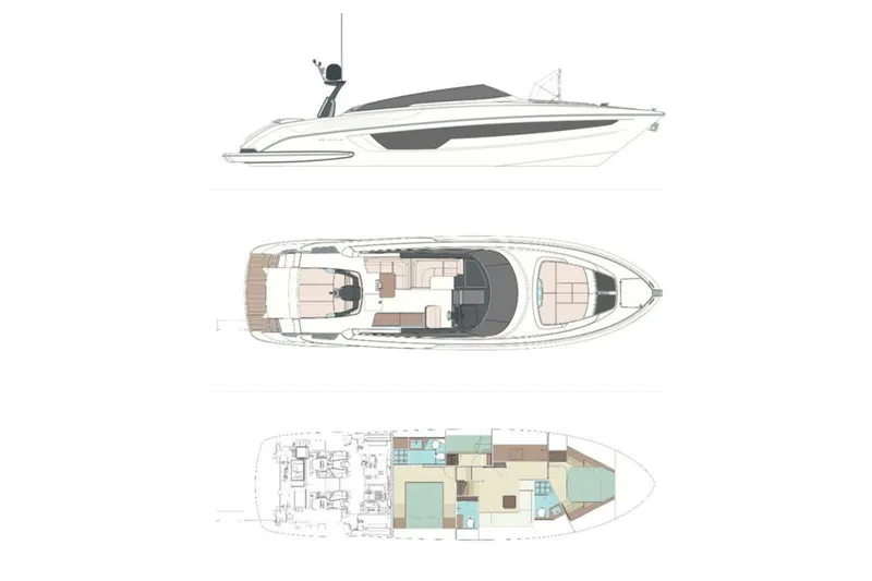  Yacht Photos Pics Blueprint of 2018 Riva 56' Rivale luxury yacht, showcasing side and top views.