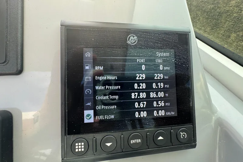  Yacht Photos Pics Display screen on 2022 Beneteau Gran Turismo 32 showing engine metrics and system status.