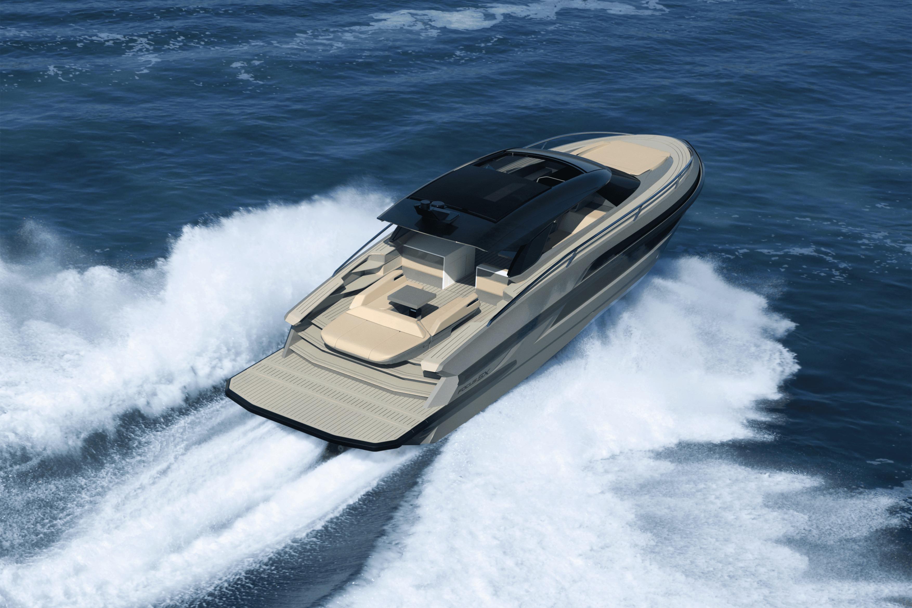Luxurious Focus 5X yacht cruising on open sea, 2027 model.