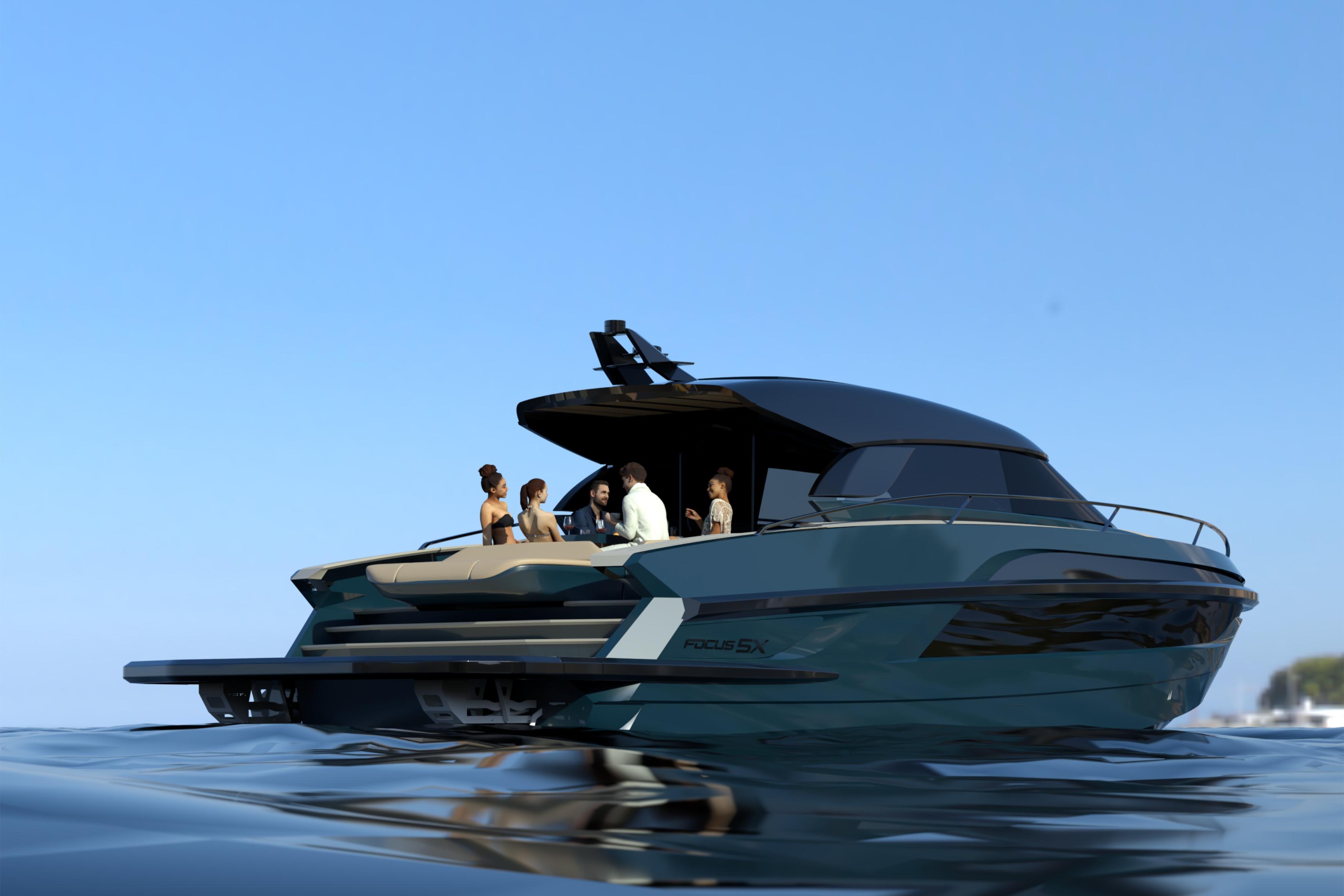 Luxurious 2027 Focus 5X yacht with people enjoying a sunny day on the water.