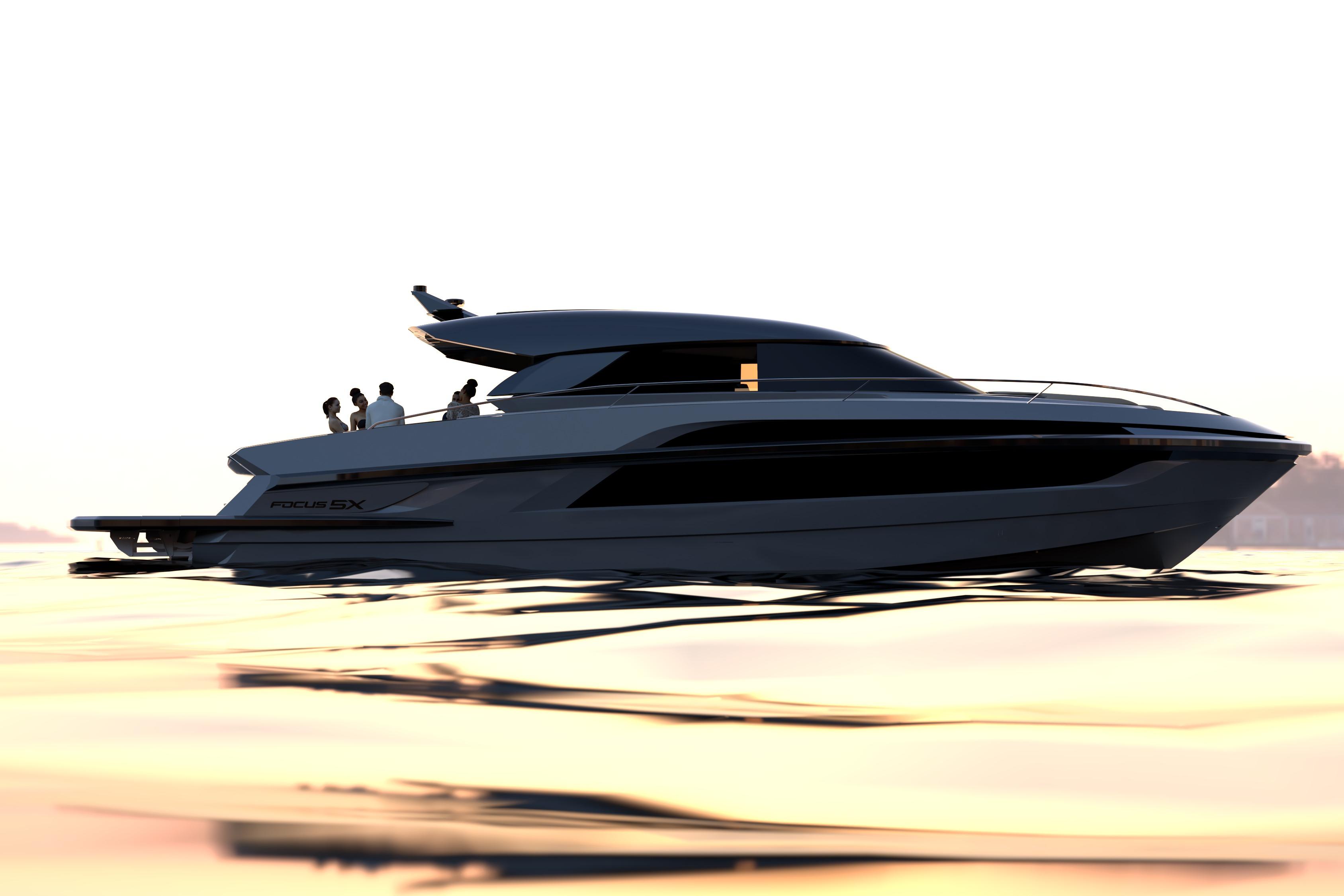 Luxurious 2027 Focus 5X yacht cruising at sunset with passengers on deck.
