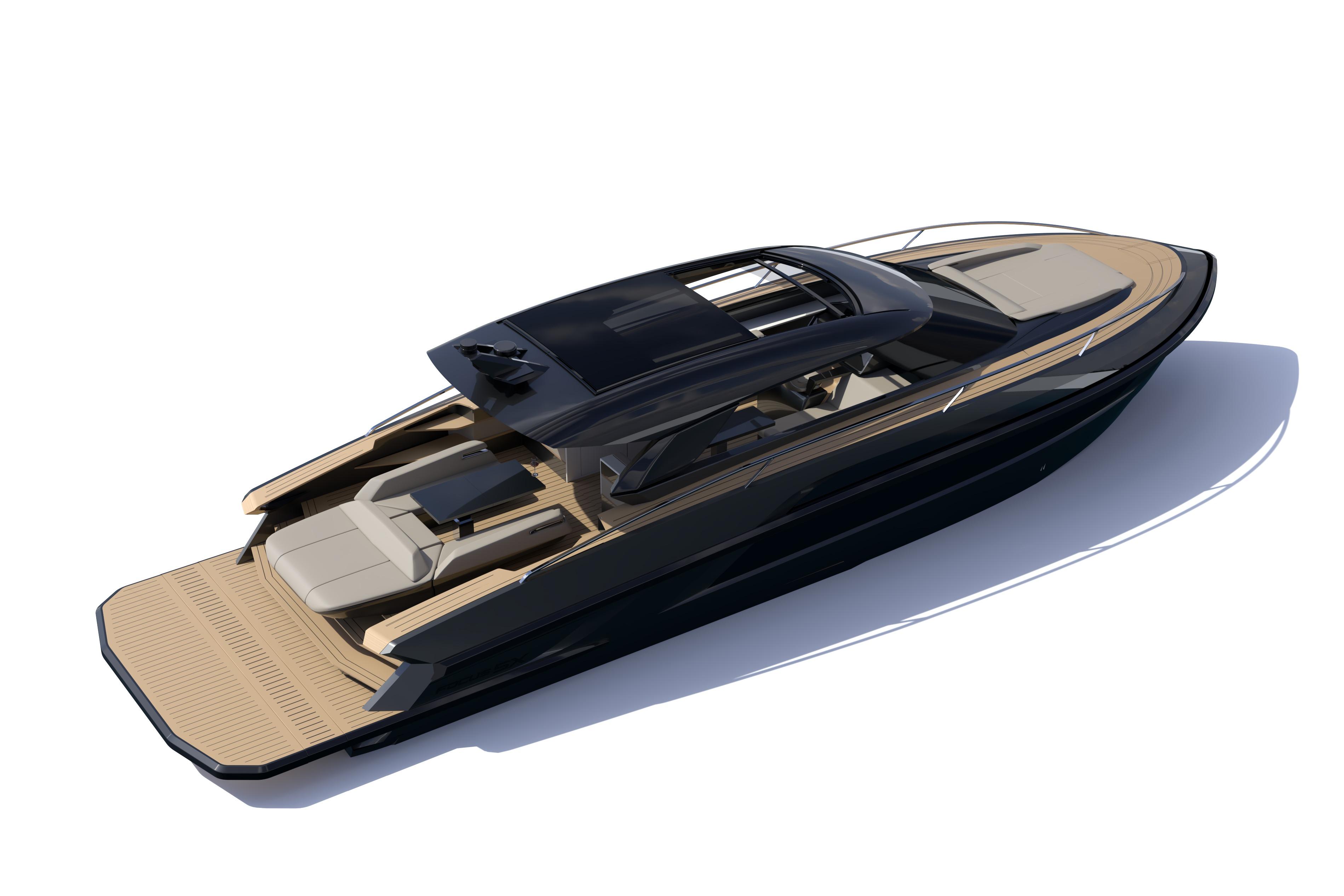 Luxurious 2027 Focus 5X yacht with sleek design and spacious deck.