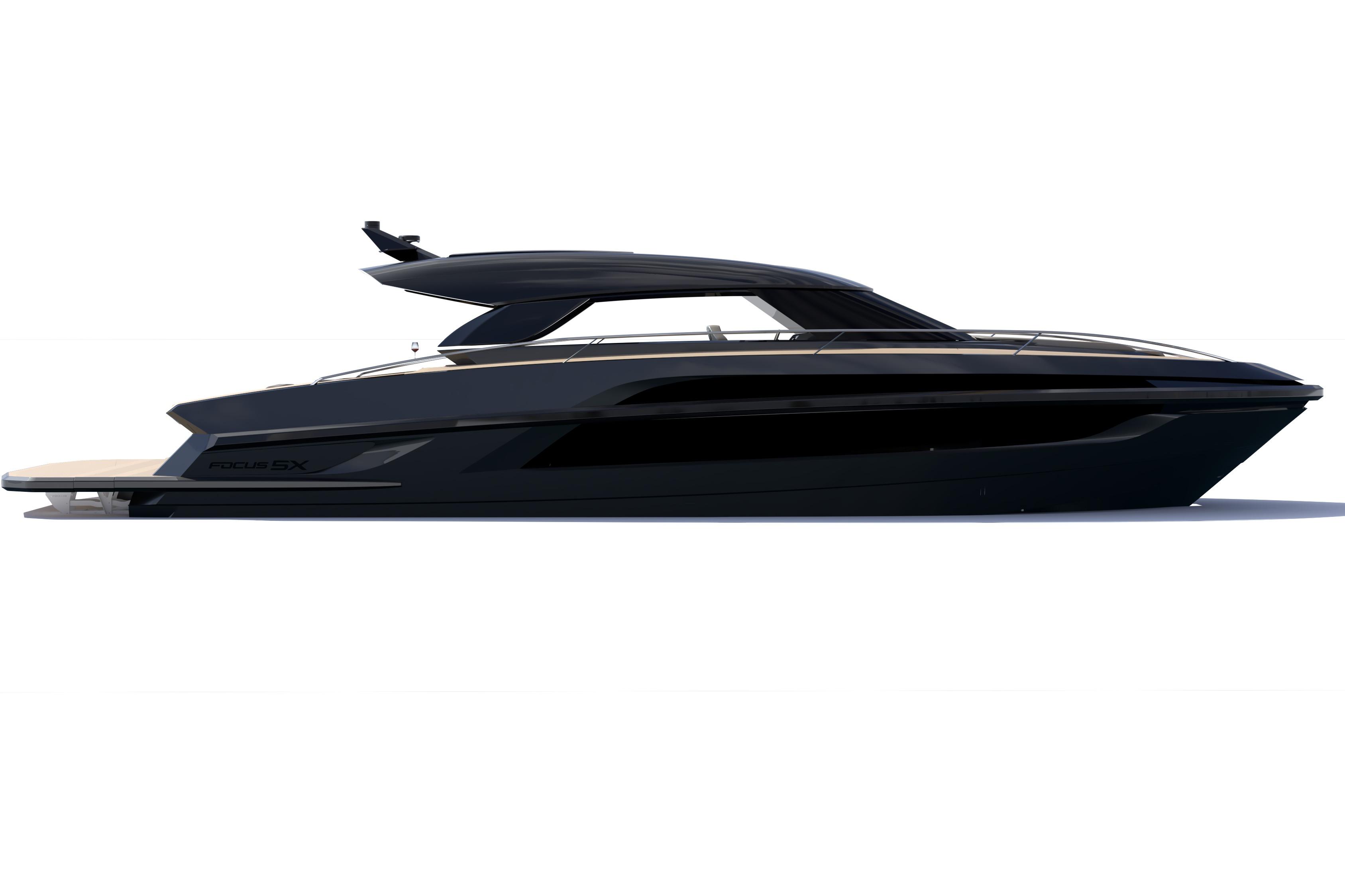 2027 Focus 5X luxury yacht, sleek black design, side view.