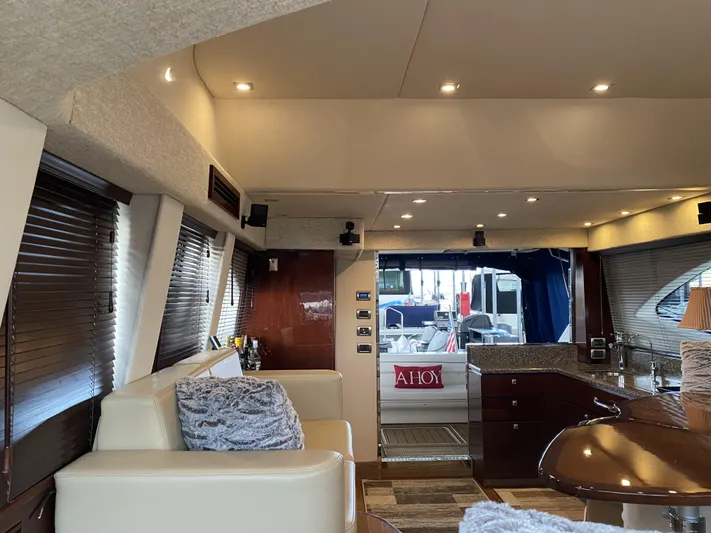 Cheri Pie Yacht Photos Pics Luxurious interior of a 2008 Sea Ray 47 Sedan Bridge yacht with modern furnishings.