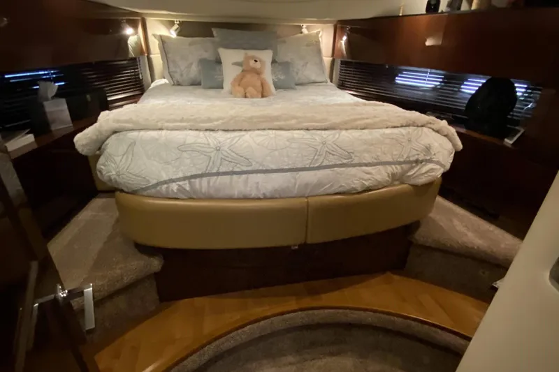 Cheri Pie Yacht Photos Pics Luxurious bedroom interior of 2008 Sea Ray 47 Sedan Bridge yacht.