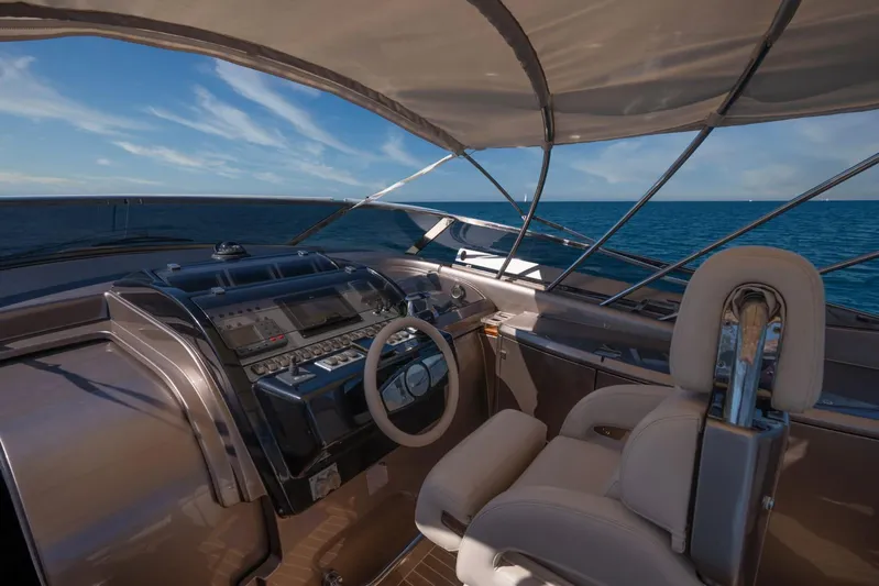 Frida Yacht Photos Pics 2007 Riva Rivarama yacht cockpit with luxurious seating and ocean view.