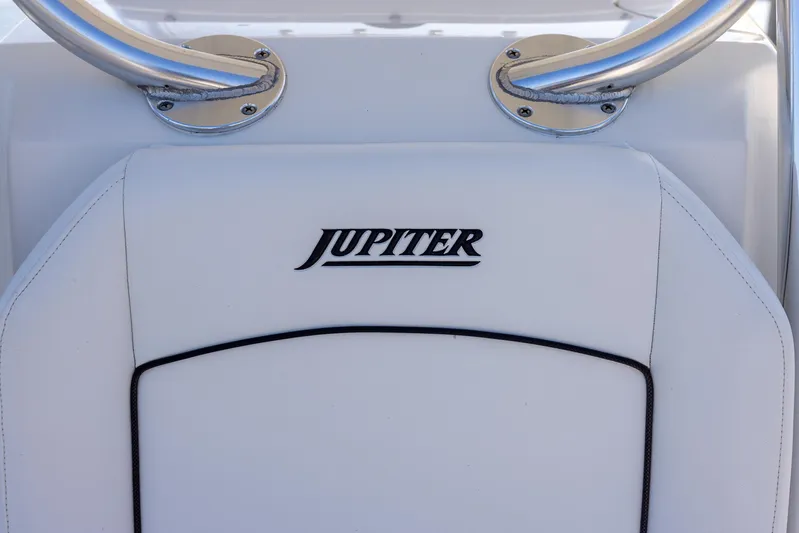  Yacht Photos Pics 2018 Jupiter 26 FS boat seat with logo and stainless steel fittings.