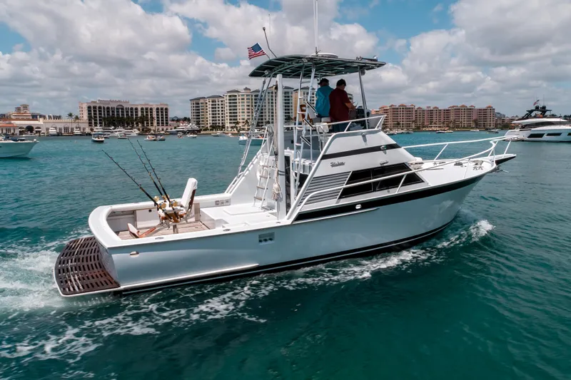 Shannon Yacht Photos Pics 1973 Striker 34 Canyon Runner boat cruising on blue water near a cityscape.