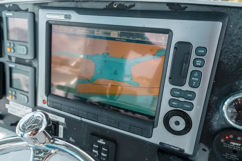 Shannon Yacht Photos Pics Navigation system on 1973 Striker 34 Canyon Runner boat dashboard.