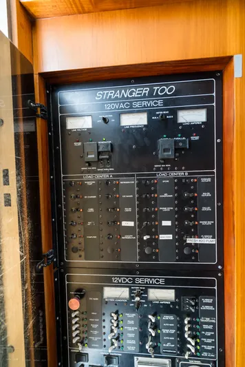 Shannon Yacht Photos Pics Electrical panel on 1973 Striker 34 Canyon Runner boat, labeled "Stranger Too."