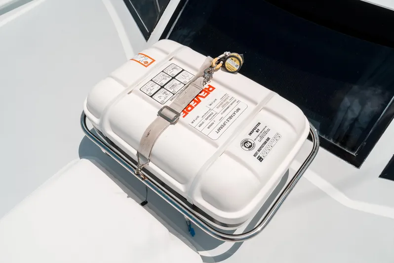 Shannon Yacht Photos Pics White life raft container on a 1973 Striker 34 Canyon Runner boat deck.