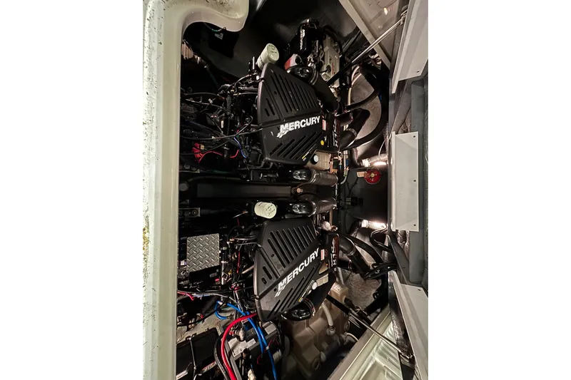 Dulce Vita Yacht Photos Pics Engine compartment of 2003 Sea Ray 340 Sundancer with dual Mercury engines.