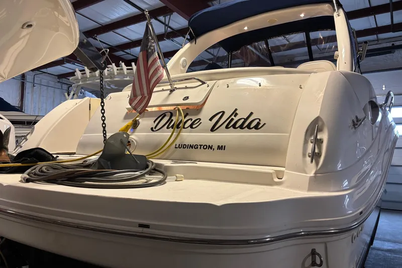 Dulce Vita Yacht Photos Pics 2003 Sea Ray 340 Sundancer boat named "Dulce Vida" in Ludington, MI warehouse.