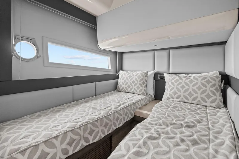 Lithium Yacht Photos Pics Interior of 2015 Azimut 55S yacht with twin beds and modern decor.