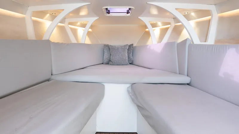 1017gt2017 Yacht Photos Pics Interior of 2017 Frauscher 1017 GT boat with cozy seating and modern design.