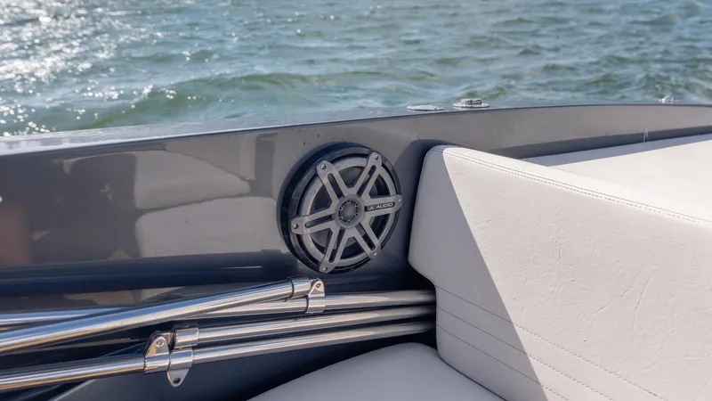 1017gt2017 Yacht Photos Pics 2017 Frauscher 1017 GT boat interior with JL Audio speaker and white seating.