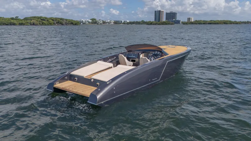 1017gt2017 Yacht Photos Pics 2017 Frauscher 1017 GT luxury motorboat cruising on open water.