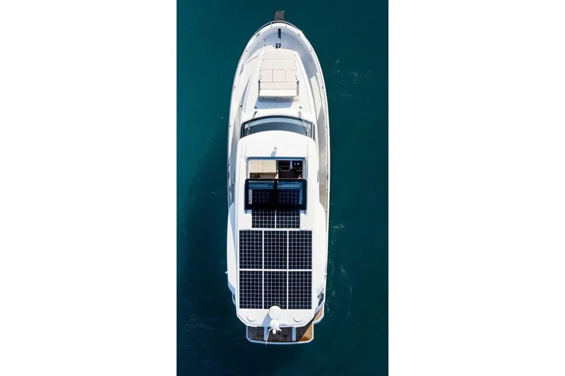  Yacht Photos Pics Overhead view of 2022 Greenline 45 Coupe yacht with solar panels on deck.