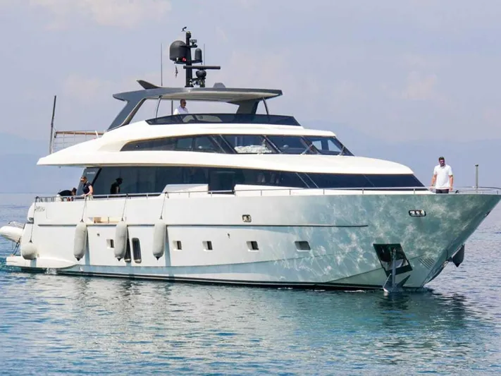 Lady Ab Yacht Photos Pics Luxury 2013 Sanlorenzo SL94 yacht on calm water, featuring sleek design and modern amenities.