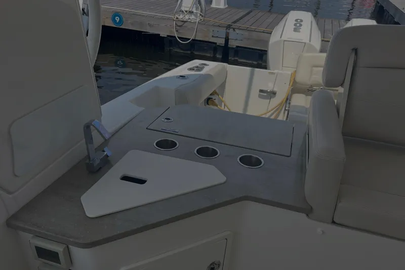  Yacht Photos Pics 2020 Boston Whaler 350 Realm boat interior with seating and utility area.