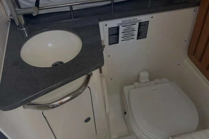  Yacht Photos Pics 2020 Boston Whaler 350 Realm bathroom with sink and toilet.