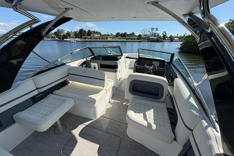  Yacht Photos Pics Luxurious interior of 2022 Cobalt 30SC boat with plush seating and modern design.
