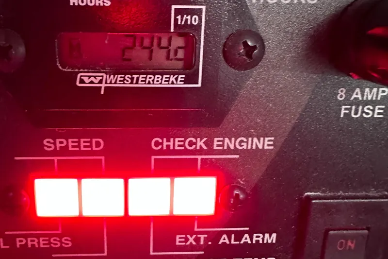  Yacht Photos Pics Control panel of 2023 Sea Ray SLX 400 OB with check engine alert.