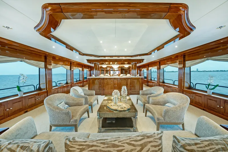 Silver Lining Yacht Photos Pics Luxurious 2016 Christensen Tri-Deck yacht interior with elegant seating and ocean views.