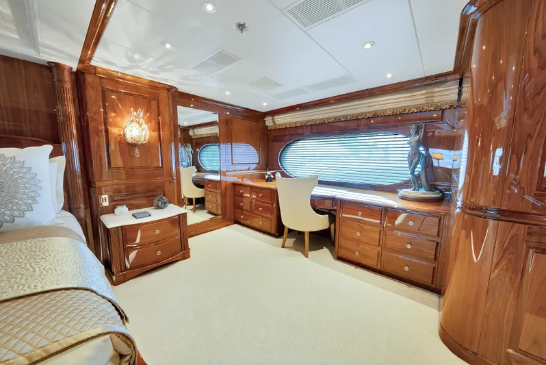 Silver Lining Yacht Photos Pics Luxurious 2016 Christensen Tri-Deck yacht bedroom with elegant wood finishes and plush furnishings.