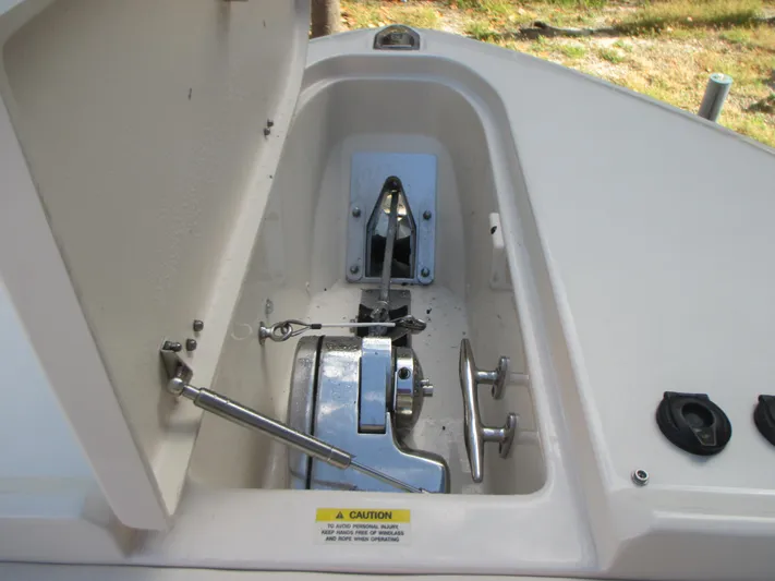 Yacht Photos Pics Anchor compartment of 2018 Grady-White Freedom 307 boat, open lid view.