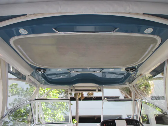  Yacht Photos Pics 2018 Grady-White Freedom 307 boat interior, featuring a sleek blue ceiling design.