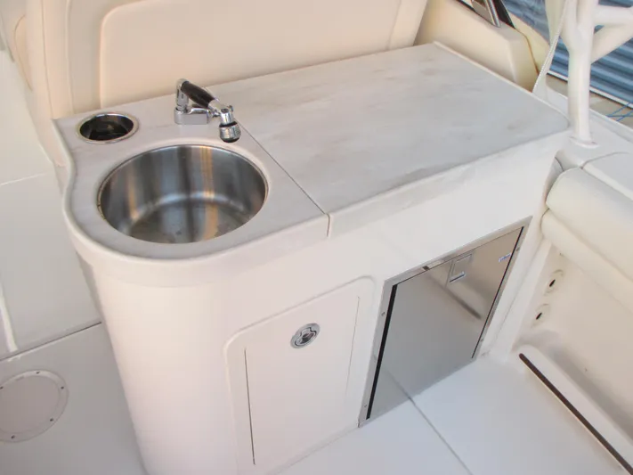  Yacht Photos Pics 2018 Grady-White Freedom 307 boat sink and countertop area with storage.