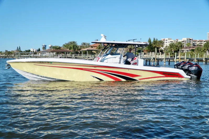  Yacht Photos Pics 2021 Nor-Tech 392 Superfish boat cruising on water near docks.