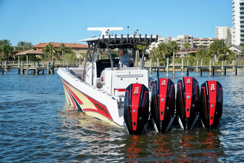  Yacht Photos Pics 2021 Nor-Tech 392 Superfish boat with quad outboard engines on the water.