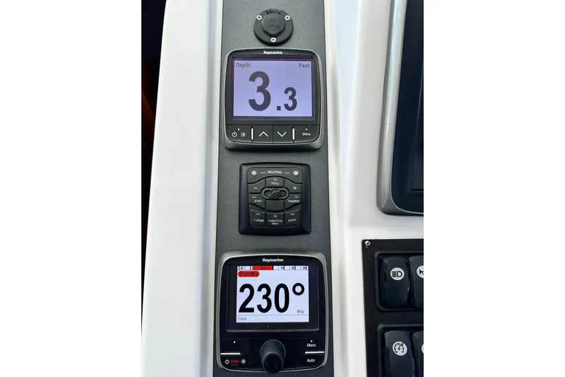 Dark Star Yacht Photos Pics Beneteau Swift Trawler 34, 2016, Raymarine navigation displays showing depth and heading.